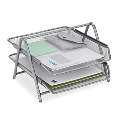Image of Relaxdays Document Tray, 2 Compartments, Office, H x W D: 20.5 30 35.5 cm, Mesh Style, Metal, Silver, Alloy Steel