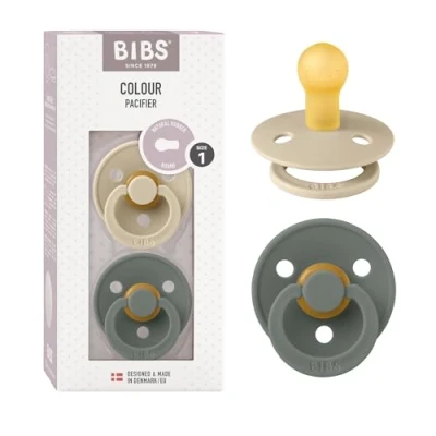 Image of BIBS Colour Soother 2 Pack, BPA Free Dummy Pacifier, Round Nipple. Natural Rubber Latex, Made in Denmark, Size 1 (0 6 Months), Vanilla/Pine