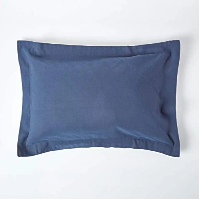 Image of HOMESCAPES Luxury Soft Linen Oxford Pillowcase Plain Navy Blue Textured Natural French Flax Fibre &amp; Pure 100% Cotton Blend Dark Standard Style