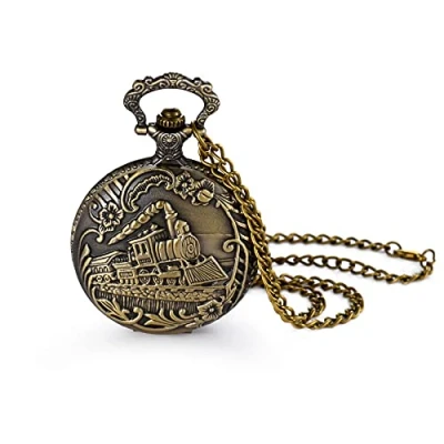 Image of JewelryWe Men Women Pocket Watch Vintage Necklace Bronze Pendant with Chain