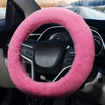 Image of Pahajim Fluffy Steering Wheel Covers, Soft Furry Car Anti skid Plush Cover Warm Wool Universal 36 39cm Winter Decoration for Women (Pink)