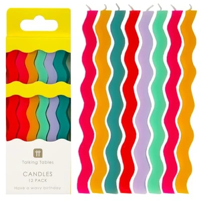 Image of Talking Tables 12 x Wavy Birthday Candles for Cakes, Cake Topper Decoration, Premium Quality, Colourful Rainbow Candle, 12,5 cm Height, Recycled Packaging