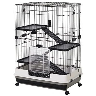 Image of PawHut 4 Level Small Animal Cage, Indoor Bunny House, for Ferrets, Chinchillas w/Wheels, Slide Out Tray, Black, 81 x 52.5 114 cm