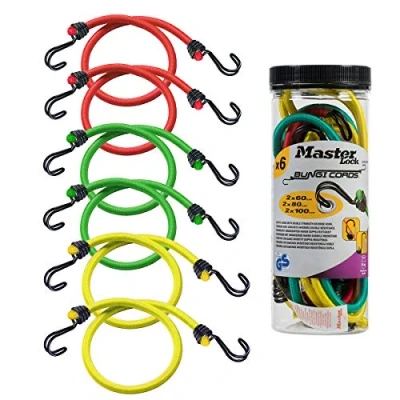 Image of Master Lock 6 Pack Bungee Cords [2 x 60cm, 2 80cm And 100cm] 3040Eurdat For Camping, Loads on Bicycles, House Moving