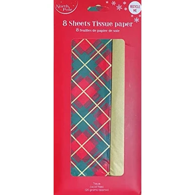 Image of Christmas Tissue Paper Gift Wrapping, Assorted Traditional Festive Xmas Designs Recyclable Eco Friendly Wrapping for Delicate Items (Red Green Plaid/Gold)