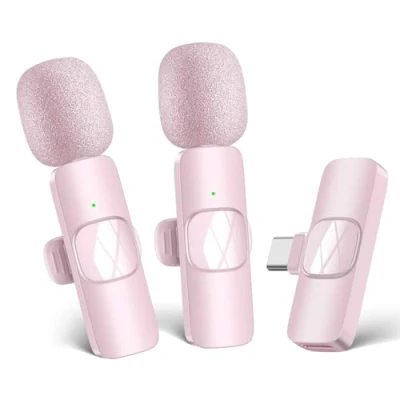 Image of HMKCH Wireless Microphone for Android Phone/iPhone/Laptop, Lavalier Video Recording, Vlog, Live Broadcast (Pink)