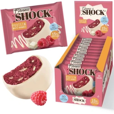 Image of FitnesSHOCK Protein Brownie White Chocolate, No Added Sugar, 15%/7,5g Protein, 233kcal, Pre/Post Workout Snack Palm Oil, Filling dietary fibre, Soft Texture, 10x50g Raspberry flavour