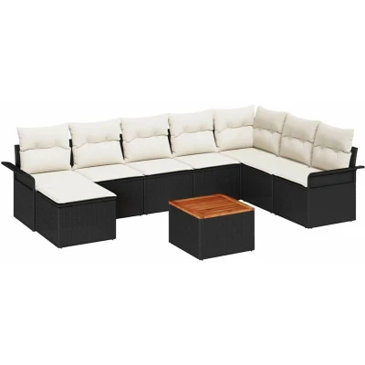 Image of vidaXL 9 Piece Garden Sofa Set with Cushions Black Poly Rattan Acacia
