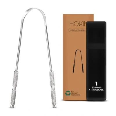 Image of Tongue Scraper for Adults by HOKIN (1Pcs Oral Care Pack) Stainless Steel Cleaners Reduce Bad Breath 100% Metal Tough Scrapers Men and Women Hygiene Product