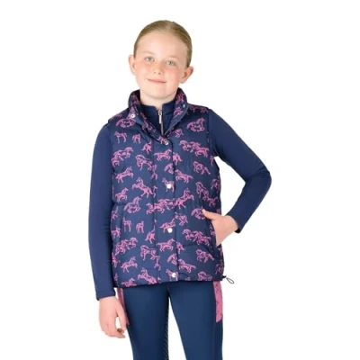 Image of Dublin Kids Patrice Everyday Puffer Vest, Navy Frolicking Horses, Childs 14