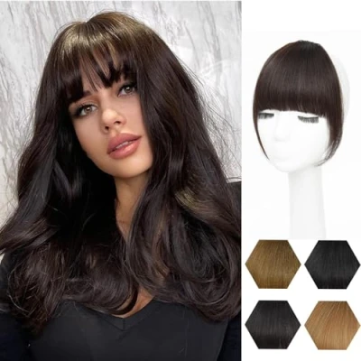 Image of Clip in Bangs 100% Human Hair Wispy Extensions, Dark Brown French Fringe with Temples Hairpieces for Women Curved Daily Wear (Dark Brown, Bangs)