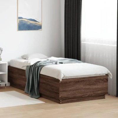Image of vidaXL Brown Oak Bed Frame 100x200 cm Contemporary Engineered Wood Base with RGB LED Lights, USB Connectivity and Sturdy Plywood Slats