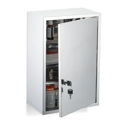 Image of Relaxdays Medicine Cabinet, 3 Shelves, First Aid Storage, Stainless Steel, Frosted Glass, 45x30x18 cm, Lockable, Silver
