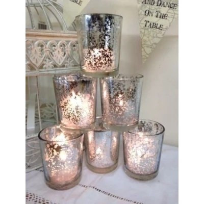 Image of Set of 6 Mercury Glass Silver Tea Light Holders Candle Votive Wedding Decoration
