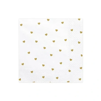 Image of PartyDeco White Napkins with Gold Print Hearts Birthday Valentine&#039;s Day Wedding Honeymoon Printed Handkerchiefs