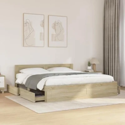 Image of vidaXL Bed Frame with Headboard Sonoma Oak King Size 180x200 cm Engineered Wood Storage Drawers &amp; Slatted Base