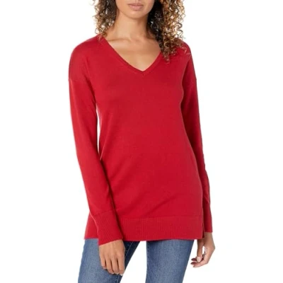 Image of Amazon Essentials Women&#039;s Lightweight Long Sleeved V Neck Tunic Sweater (Available in Plus Size), Red, L