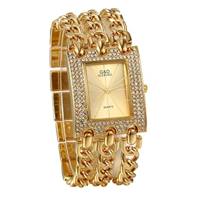 Image of JewelryWe Womens Simple Square Dial Quartz Watch Rhinestone Gold Tone Case Chain Band Wrist