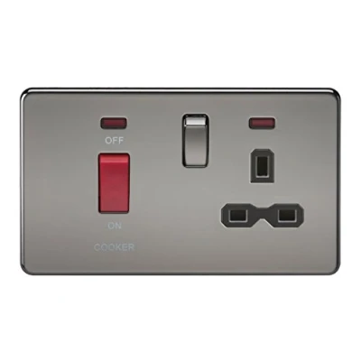 Image of KnightsBridge 2G 45A DP 230V Screwless Black Nickel Electric Switch With Neon and Socket Insert