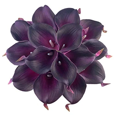 Image of Huahuashijie 15 Pcs Real Touch Calla Lily Artificial Flowers Wedding Bridal Bouquet Home Décor Party (Dark Plum Purple)