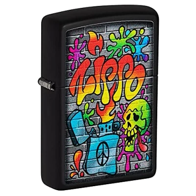 Image of Zippo Windproof Lighter Vibrant Colour Graffiti Black Matte Refillable for Lifetime Use Adjustable Flame Gift Box Metal Construction Made in USA