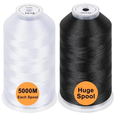 Image of New brothread Set of 2 (White + Black) Polyester Machine Embroidery Thread Huge Spool 5000M for All Machines
