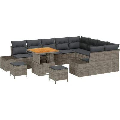 Image of vidaXL 12 Piece Garden Sofa Set with Cushions Grey Poly Rattan Acacia