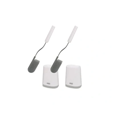 Image of Joseph Flex Lite 2 Pack Silicone Toilet Brush with slimline holder set, flexible anti drip, clog deep clean head, White/Grey, Small