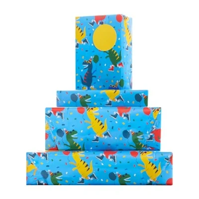 Image of UK Greetings 2 Sheets of Wrapping Paper &amp; Tags for Kids/Boys Birthday Dinosaur Design