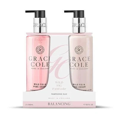 Image of Grace Cole Wild Fig &amp; Pink Cedar Hand Care Duo Gift Set 1 x Wash, Body Lotion 300ml Essential Oils Vegan Made In England