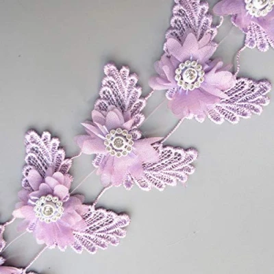 Image of 2 Yard 3D Chiffon Diamond Flower Leaves Lace Edging Trim Ribbon 75mm Width Vintage Style Purple Trimmings Fabric Embroidered Applique Sewing Craft Wedding Bridal Dress Party Decoration Clothes Hat DIY