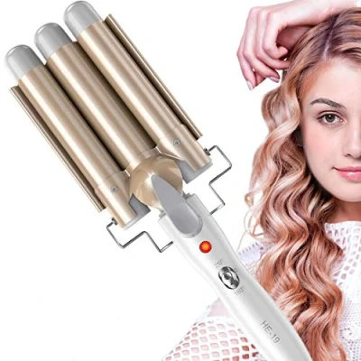 Image of 3 Barrel Hair Curler, 25mm Waver Curling Iron Wand Adjustable Temperature with 2 Control for Long or Short Styling, Large Wave Ceramic Wide Crimpers, Gold