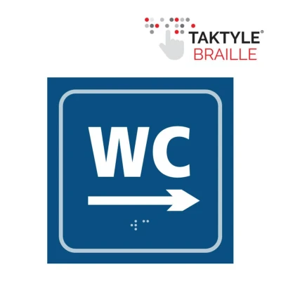 Image of WC Toilet Arrow Right Braille Sign, Self Adhesive Tactile, Blue, W150mm x H150mm