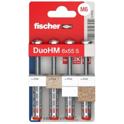 Image of fischer 572916 DuoHM Cavity Dowels, 6 x 55 S TX with Metric Panhead Screw and Drive for Attaching TV Brackets, Lights, Wall Shelves, etc. in Panel Building Materials (Pack of 4)