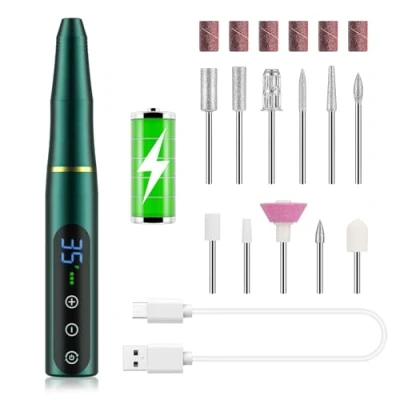 Image of Nail Drill NAILGIRLS Rechargeable Cordless Machine, Portable Electric 35000RPM Professional File for Acrylic Gel Nails, Premium Green
