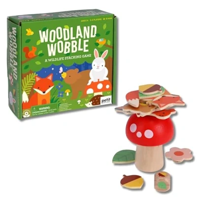 Image of Petit Collage: Woodland Wobble Stacking Game for Kids Roll the Die and Stack Objects on Mushroom Don&#039;t let tower fall! Great Ages 4+