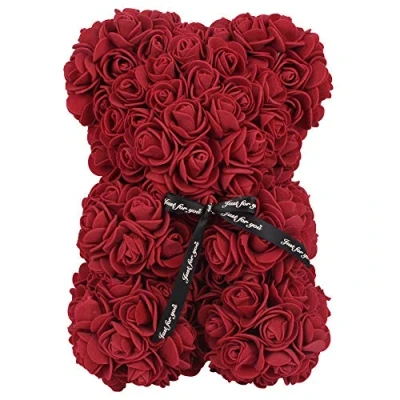 Image of FeiWen Rose Flower Bear 10 inch Teddy Artificial Flowers Gift for Mothers Day, Valentines Anniversary &amp; Bridal Showers (Red wine)