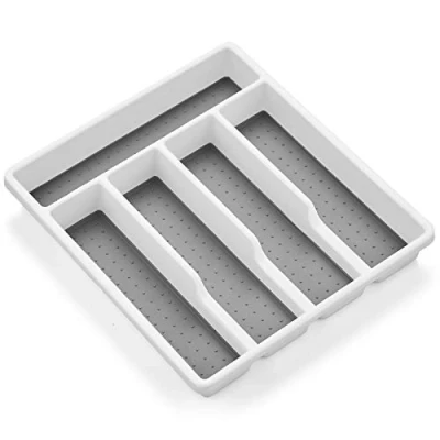 Image of Homikit Cutlery Tray Organiser, Plastic Drawer Organiser/Divider, 5 Compartments Utensil Silverware Holder, Kitchen/Office/School Storage, Non Slip Rubber Feet, White &amp; Grey 32.6x29cm