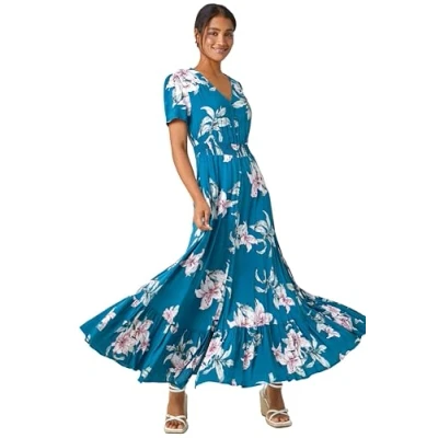 Image of Roman Originals Shirred Waist Dress for Women UK Ladies Midi Maxi Summer Spring Tiered Frill Hem Short Sleeve V Neck Button Through Boho Bohemian Gypsy Holiday Teal Size 10