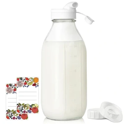 Image of Syntic Square Liter Glass Milk Bottles with Airtight Lid 100% Heavy Duty Screw Lid, 32 Oz Juice w Scale Mark, Reusable Jars for Homemade Juice(Extra 1 and Pen)