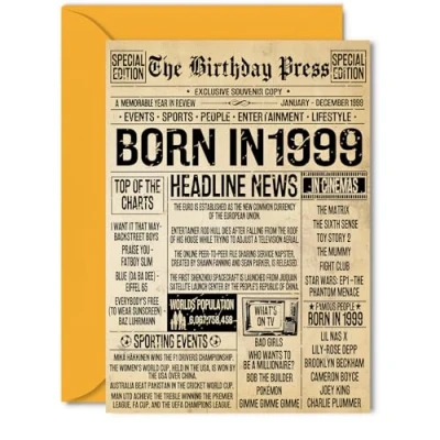 Image of 26th Birthday Card for Women Men Bday Press Newspaper 1999 Happy 26 Cards Husband Niece Uncle Cousin Son Neighbour, 5x7 Inch Greeting