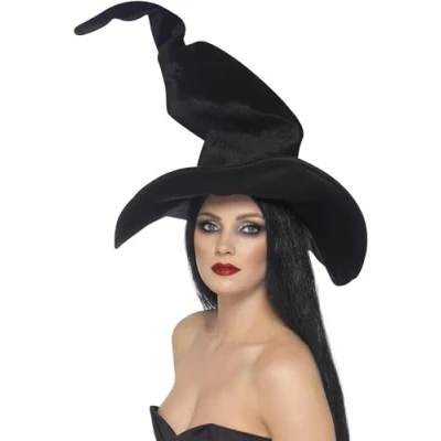 Image of Smiffys Witch&#039;s Hat, Black Tall &amp; Twisted, Velour, Halloween Fancy Dress Accessory, Witch Up Hats