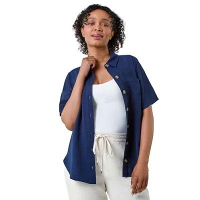 Image of Roman Originals Shirt for Women Ladies Cotton Blouse Button Through Tunic Printed Top Work Long Sleeve Smart Casual Going Out Office V Neck Everyday Evening Event Navy Size 18