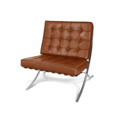Image of Lounge Chair, Cognac/Tan Leather Side Club Chair Stainless Steel Frame Bedroom, Living Room, Reading Room