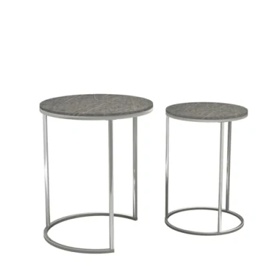 Image of URBNLIVING 2 Pcs Round Nesting Stacking Sofa Side Bedside End Tables Set Black Marble Wooden Top with Chrome Legs Modern Space Saving Accent Coffee Tea for Living Room Bedroom Office