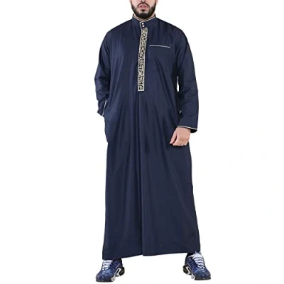 Image of Mens Thobe Jubba Nehru Stand Collar Islamic Clothing Muslim Cotton Kaftan Embroidery Eid Robe Saudi Navy S 52