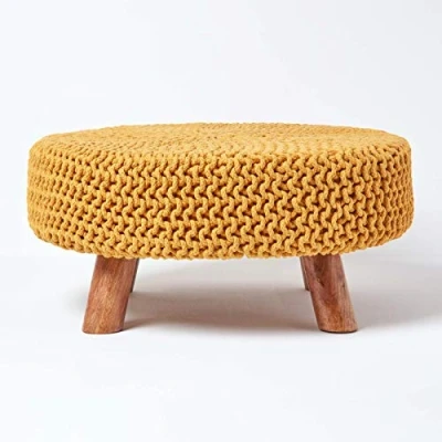 Image of HOMESCAPES Mustard Knitted Pouffe Footstool Occasional Seat 100% Cotton for Living Room Children or the Elderly