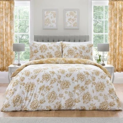 Image of Dreams &amp; Drapes Ochre Floral Duvet Cover Single Bedding Size (140 x 200cm) Reversible Design (2 Colours) 1x Pillowcase Included Easy Care White Botanical Flowers on Yellow