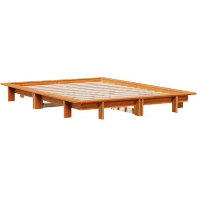 Image of vidaXL Double Bed Frame without Mattress Wax Brown Pinewood, 140x200 cm, Slatted Base, Headboard &amp; Footboard, Assembly Required