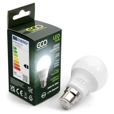Image of ECO 75W Equivalent B22 Bayonet Energy Saving LED Light Bulb, Low 9.5W LED, 1055 Lumens, Cool White 6500K, Non Dimmable, 15,000Hrs Lifetime.